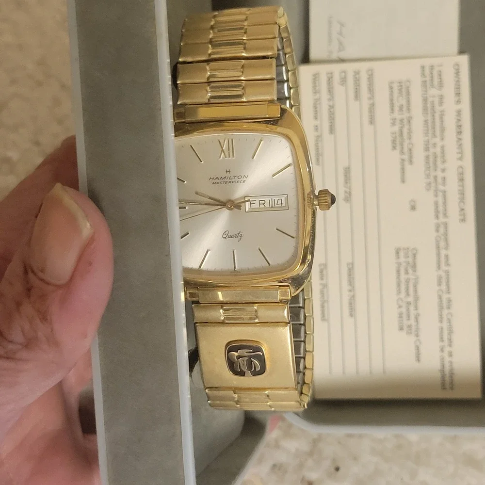 Hamilton Masterpiece Watch Mens OS Gold Excellent Quaker Oats 1990 Vintage Box